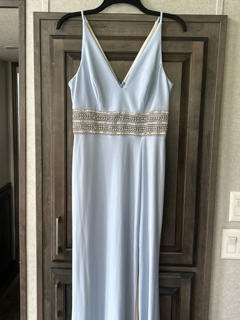 Xscape Cream and Light Blue Lace Evening Dress